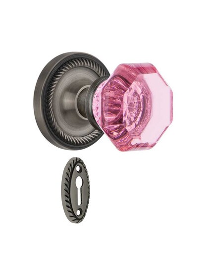 Rope Rosette Mortise Lock Set with Colored Waldorf Crystal Glass Knobs Pink in Antique Pewter.